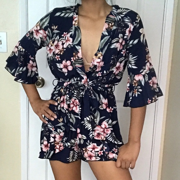 Pants - Floral Navy Ruffle Bell Sleeve Romper
